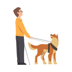 Sticker - Blind Man Walking with Seeing Eye Dog on Leash, Trained Animal Helping Disabled Person, Rehabilitation, Handicapped Accessibility Concept Cartoon Vector Illustration