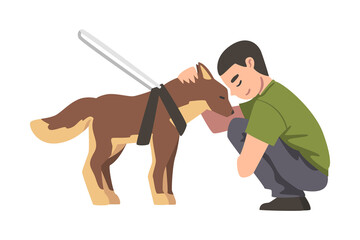 Sticker - Blind Man Walking with his Seeing Eye Dog, Trained Animal Guiding Disabled Person, Rehabilitation, Handicapped Accessibility Concept Cartoon Vector Illustration