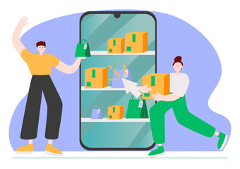 Business topics -online shopping, web template, header. Flat style modern outlined vector concept illustration. Tablet, shop shelves, boxes. People taking and looking at the goods. Business metaphor