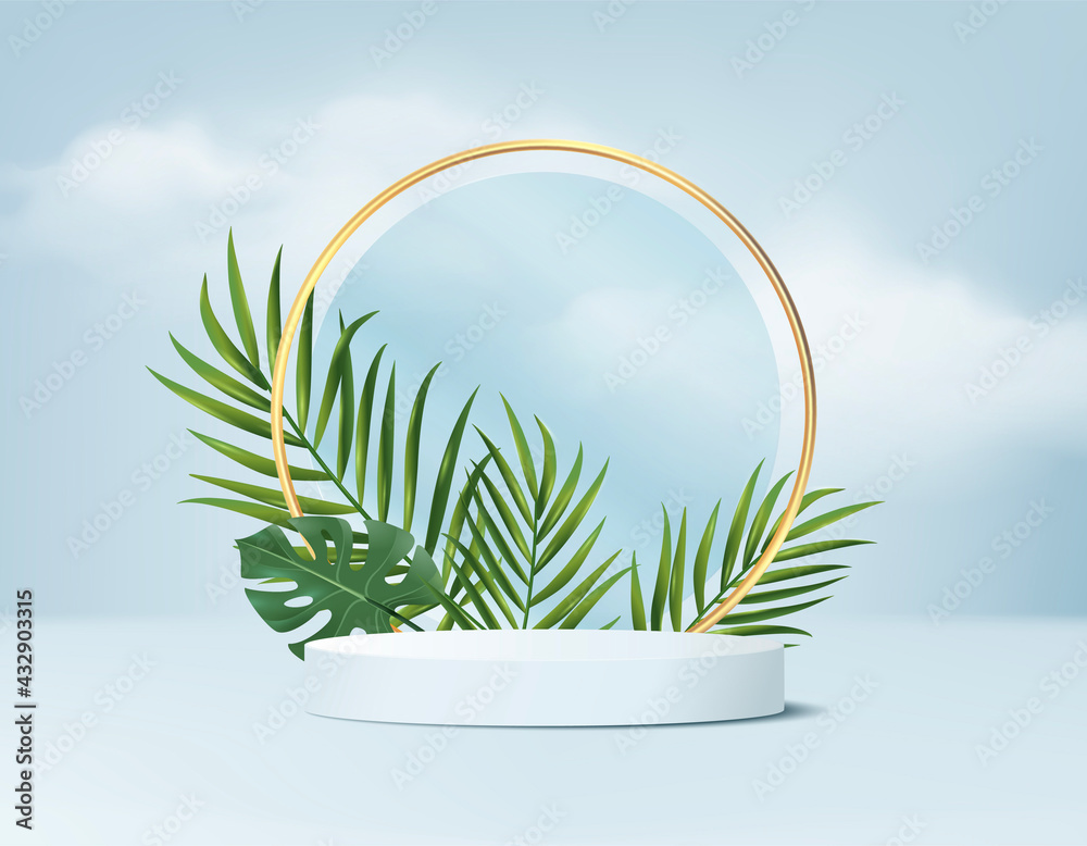 3d background products display podium scene with green leaf geometric ...