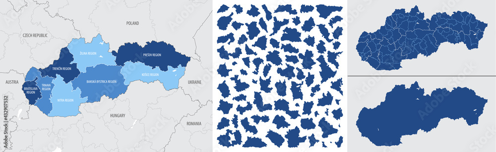 Detailed, vector, blue map of Slovakia with administrative divisions country - obrazy, fototapety, plakaty 