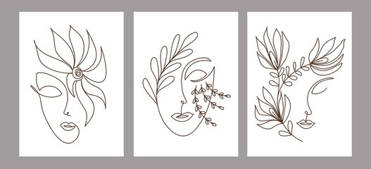 Set of creative hand painted one line abstract shapes. Minimalistic image icons: female portrait, flowers, leaves. For postcard, poster, placard, brochure, cover design, web.