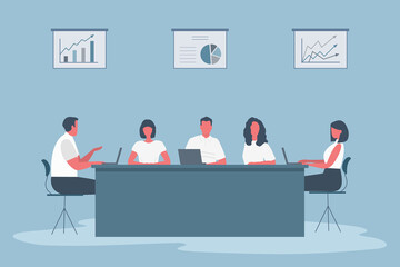 Wall Mural - Office workers during the meeting. Employees are sitting at the table in the office. There are also diagrams on the wall. Conference hall. Flat style. Vector illustration