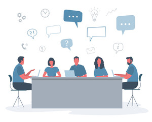 Wall Mural - Office workers during the meeting. Business concept with icons. Employees are sitting at the table in the office. Conference hall. Flat style. Vector illustration