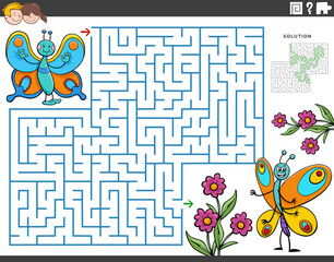 maze educational game with cartoon butterflies and flowers