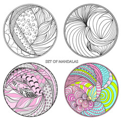 Wall Mural - Set. Zendala. Zentangle. Hand drawn circle mandala with abstract patterns on isolation background. Design for spiritual relaxation for adults. Line art. Black and white illustration for coloring