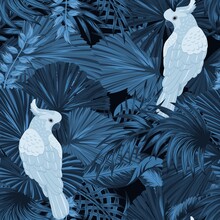 Tropical Vintage Palm Leaves, Banana Leaves, Cockatoo Parrot, Seamless Pattern Black Background. Exotic Jungle Wallpaper.