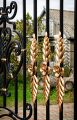 Wall Mural - Decorative metal fence with forged elements of gold color