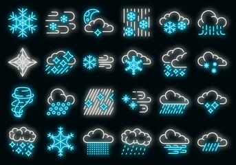 Poster - Blizzard icons set. Outline set of blizzard vector icons neon color on black