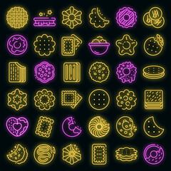 Poster - Cookie icons set. Outline set of cookie vector icons neon color on black