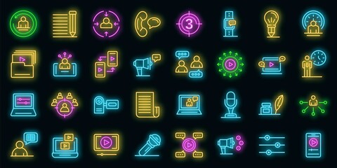 Poster - Storyteller icons set. Outline set of storyteller vector icons neon color on black