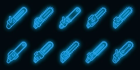 Poster - Chainsaw icons set. Outline set of chainsaw vector icons neon color on black