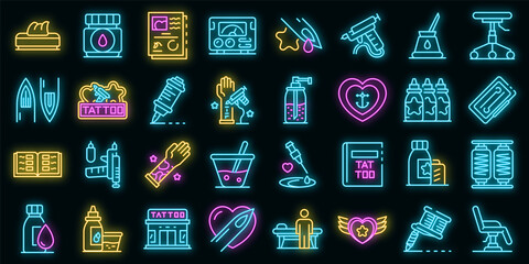 Poster - Tattoo studio icons set. Outline set of tattoo studio vector icons neon color on black