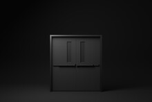 Closed Black Door On Black Background. Minimal Concept Idea Creative. Monochrome. 3D Render.