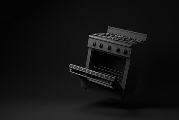 Sticker - Black Empty open electric oven floating on black background. minimal concept idea. monochrome. 3d render.