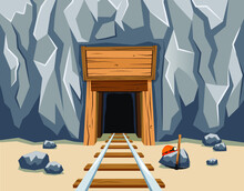 Gold Mine Entrance With Rails. Rock With Shaft. Vector Illustration.