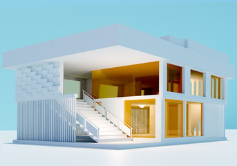 Poster - Layout of a modern office building. Architectural layout. 3d model of the future house with large windows. Project of a two-storey cottage with a staircase. White business center.