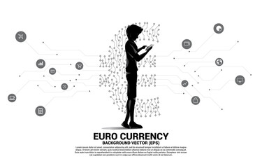 Poster - man with mobile phone and euro currency money icon from circuit board style dot connect line. Concept for europe financial network connection.