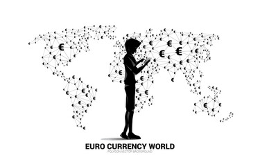 Poster - silhouette man use mobile phone world map with money and euro currency icon polygon dot connected line. Concept for financial network connection technology in euro zone.