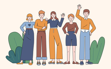 Wall Mural - young people are standing and waving their hands. flat design style minimal vector illustration.