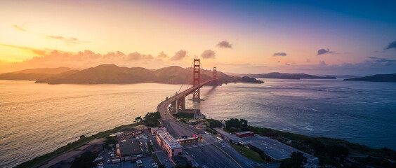 Fototapete - Golden Gate Bridge at Sunset Aerial View, San Francisco, California