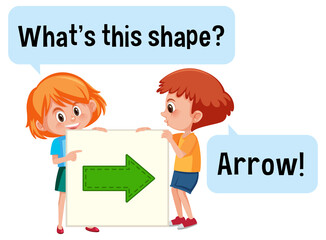 Poster - Kids holding arrow shape banner with What's this shape font