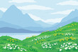 Landscape with blue silhouettes of mountains, hill with flowering plants, sky with clouds and lake. Travel and adventure concept, wild nature. Flat vector illustration