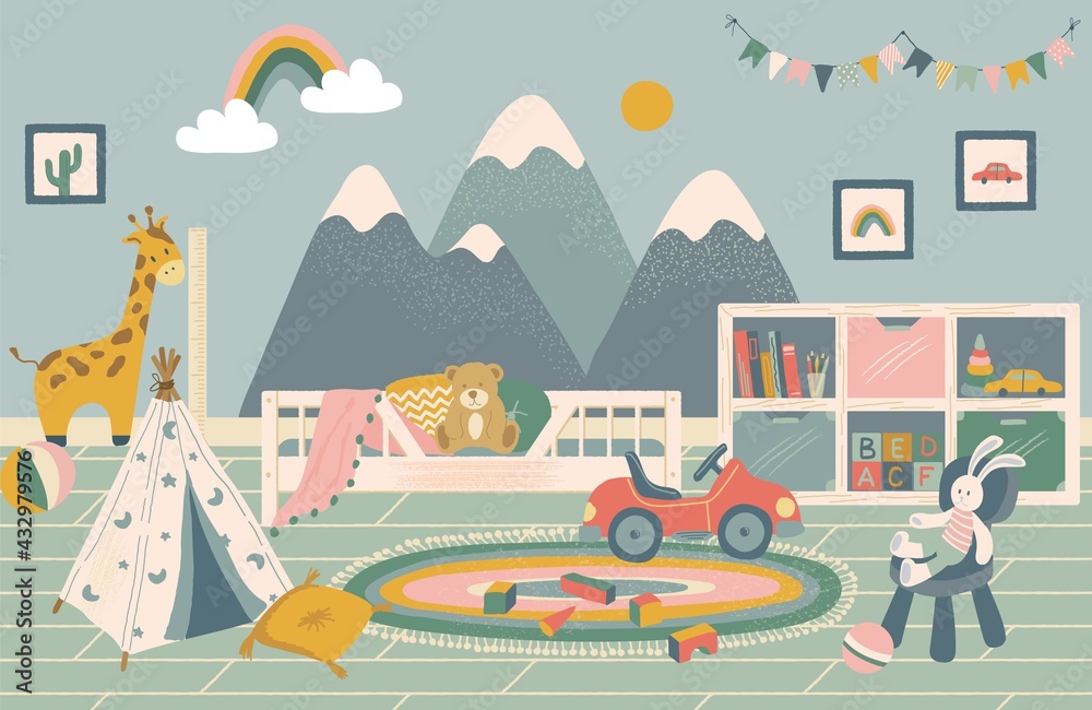 Nursery room interior hand drawn vector illustration. Home modern ...