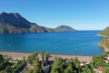 Adrasan bay is a beautiful location in the Mediterranean, with its long beach and scenery. Aerial view with drone. Antalya, TURKEY