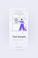 Poster - businessman touching fingerprint scanner on smartphone screen personal id access