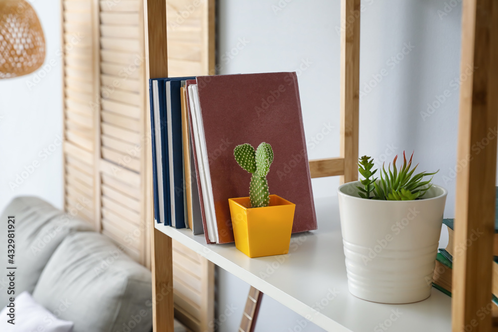 Shelf unit with books in interior of room, closeup