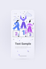 Poster - businesspeople standing on winners podium business reward competition leadership first place concept