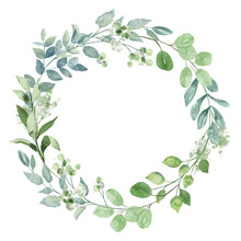 Wreath With Eucalyptus, Watercolor Leaves. Hand Painting Botanical Floral Frame. Leaf Illustration Isolated On White Background.