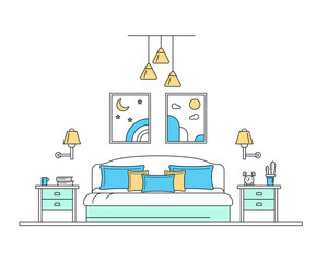 Sticker - Bedroom Interior Inside Concept Contour Linear Style. Vector