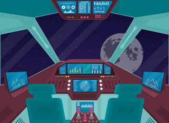 Poster - cartoon color spacecraft shuttle ship interior inside concept. vector