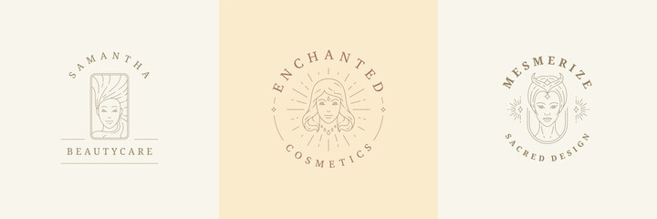 Wall Mural - feminine logos emblems design templates set with magic female portraits vector illustrations minimal