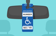 Handicap placard on a car rear view mirror. Disabled parking permit identification card. Flat vector illustration template.