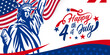 USA, America happy 4th of July custom hand-lettering, typography design with stars on the USA, united states of American waving flag and statue of liberty on the background.
