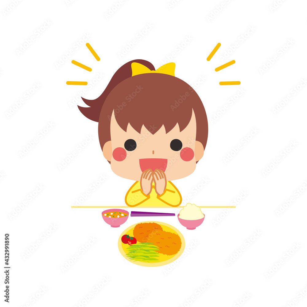 ご飯を食べる前に元気よくいただきますと挨拶をする礼儀正しい小さな女の子のイラスト Wall Mural ぽこたぽこ ご飯を食べる前に元気よくいただきますと挨拶をする礼儀正しい小さな女の子のイラスト Wall Mural ぽこたぽこ