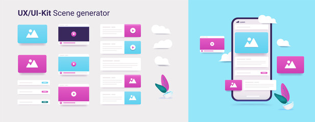 Fototapete - UX and UI tool kit - Vector collection set to create illustrations and scenes with laptop and user interface elements in 3d style.