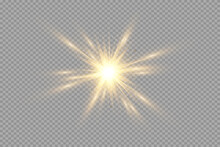 Yellow Glowing Transparent Light Burst Explosion. Vector Illustration For Cool Effect Decoration With Ray Sparkles. Bright Star. Transparent Shining Gradient Glitter, Bright Flare. Glare Texture.