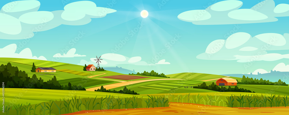 Green fields landscape of farmland, barns and farms, rural houses and windmills. Vector pasture with buildings, green grass, meadows and trees, blue sky on background. Country agriculture farmland - obrazy, fototapety, plakaty 