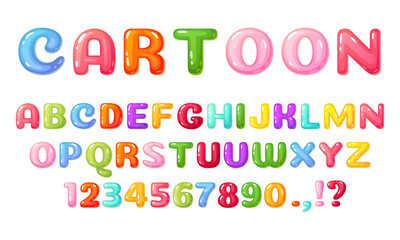 Cartoon kids font. Colorful comic alphabet for children. Cute childish bubble letters and numbers, glossy candy or jelly kid book lettering vector. Childish type for events, promotions