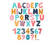 © Vetriya - Latin multi-colored alphabet and numbers from 0 to 9 in the style of doodles on a white background. Cute bright vector English capital letters, funny hand-drawn font