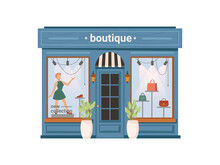 Boutique Shop Facade Exterior Isolated Clothing Store, Cartoon Building. Vector Window With Mannequin, Shopfront With Modern Cloths, Small City Mall With Dummy, Urban Showroom, Flowerpots At Entrance