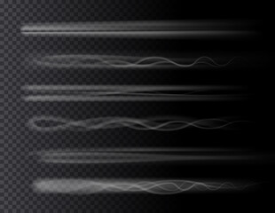 Poster - Smoke air trail set isolated 3D effects on transparent background. Vector rocket, plane jet or airplane trace, toxic chemical steam, aircraft or spaceship takeoff tail. Gas spray vapour, fog or mist