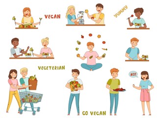 Poster - Vegetarian People Characters Purchasing at Greengrocery and Cooking Fresh Vegetable Salad Vector Illustration Set