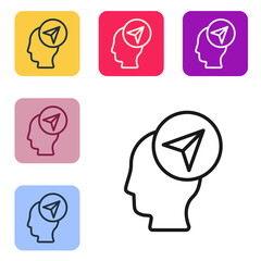 Poster - Black line Map marker with a silhouette of a person icon isolated on white background. GPS location symbol. Set icons in color square buttons. Vector