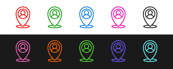 Poster - Set line Map marker with a silhouette of a person icon isolated on black and white background. GPS location symbol. Vector