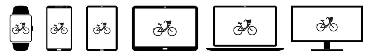 Poster - display bicycle bicycles mountain bike icon devices set | web screen cycle biking cycling riding dev